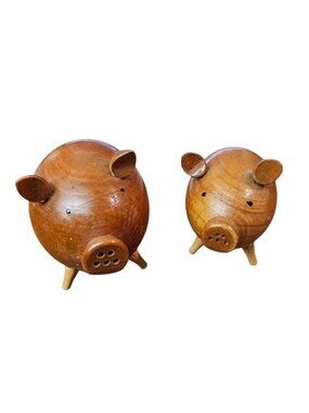 Vintage Wooden Salt & Pepper Shakers Danish Handmade Wood Pigs